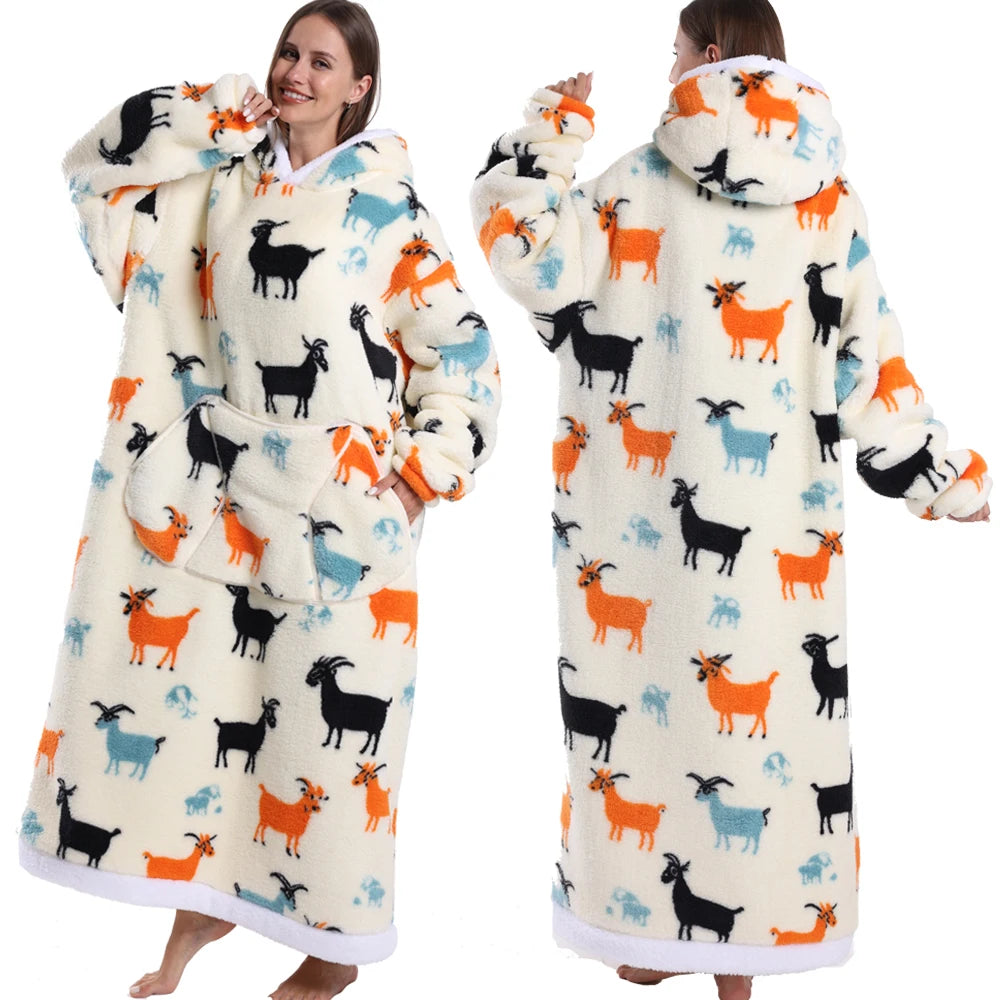 Extra Long Women Halloween Blankets with Sleeves Winter Plush Fleece Homewear Christmas Pajamas Adult Warm Oversized Hoodies
