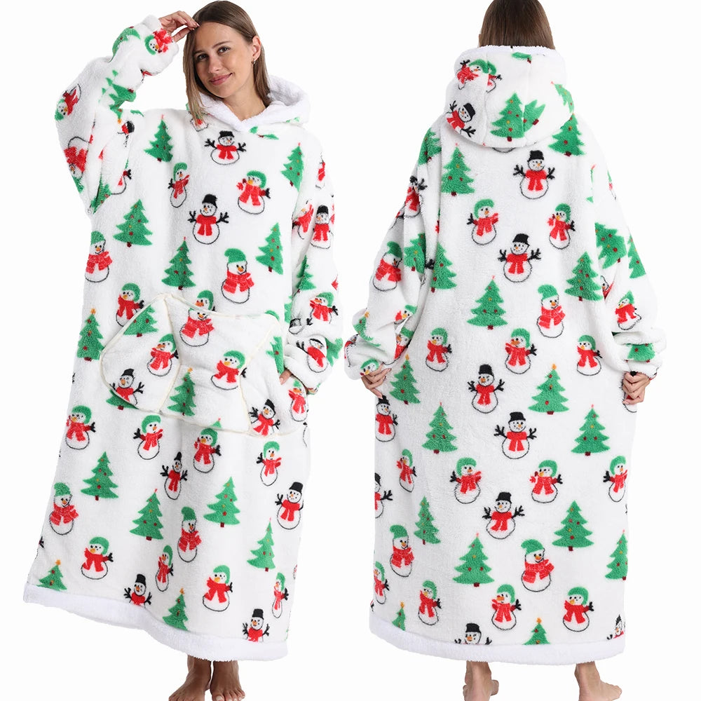 Extra Long Women Halloween Blankets with Sleeves Winter Plush Fleece Homewear Christmas Pajamas Adult Warm Oversized Hoodies