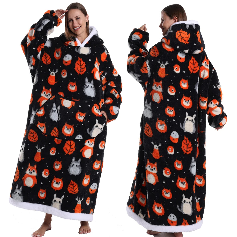 Extra Long Women Halloween Blankets with Sleeves Winter Plush Fleece Homewear Christmas Pajamas Adult Warm Oversized Hoodies