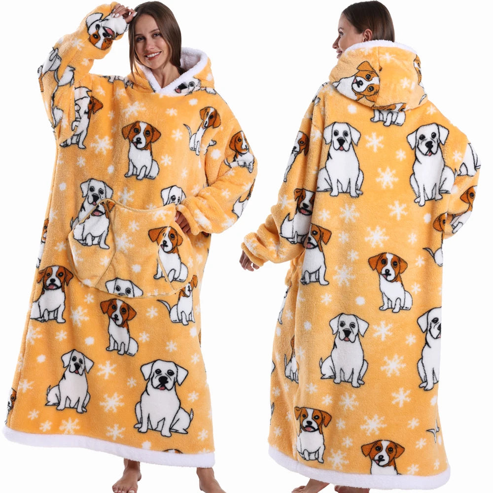Extra Long Women Halloween Blankets with Sleeves Winter Plush Fleece Homewear Christmas Pajamas Adult Warm Oversized Hoodies