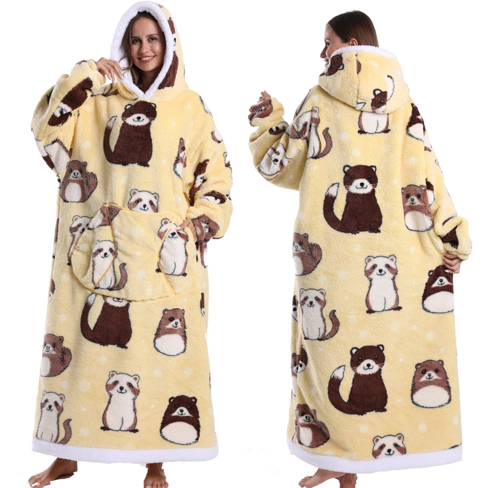 Extra Long Women Halloween Blankets with Sleeves Winter Plush Fleece Homewear Christmas Pajamas Adult Warm Oversized Hoodies