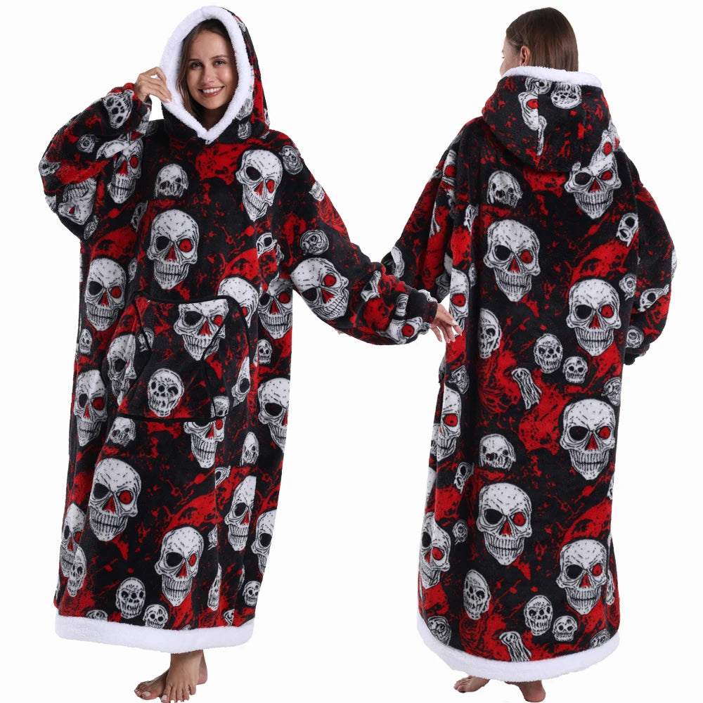 Extra Long Women Halloween Blankets with Sleeves Winter Plush Fleece Homewear Christmas Pajamas Adult Warm Oversized Hoodies
