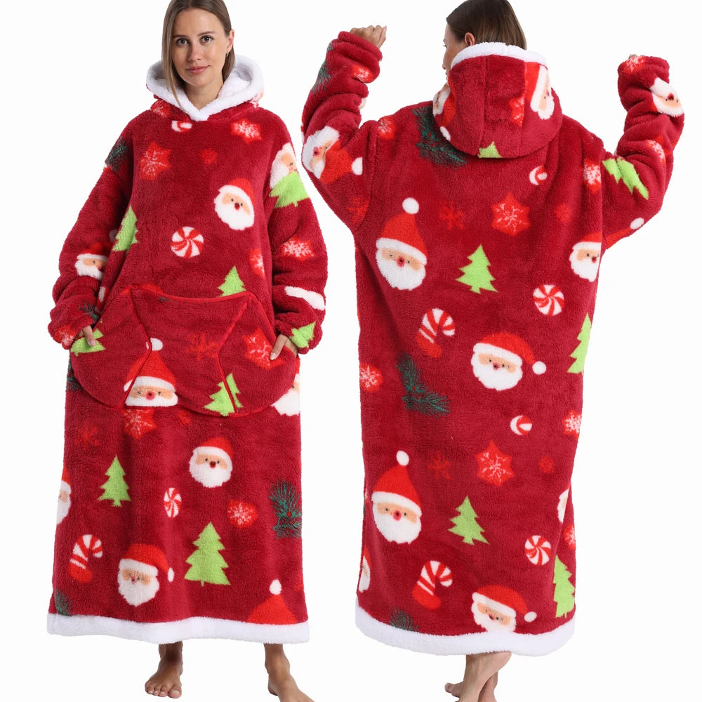 Extra Long Women Halloween Blankets with Sleeves Winter Plush Fleece Homewear Christmas Pajamas Adult Warm Oversized Hoodies