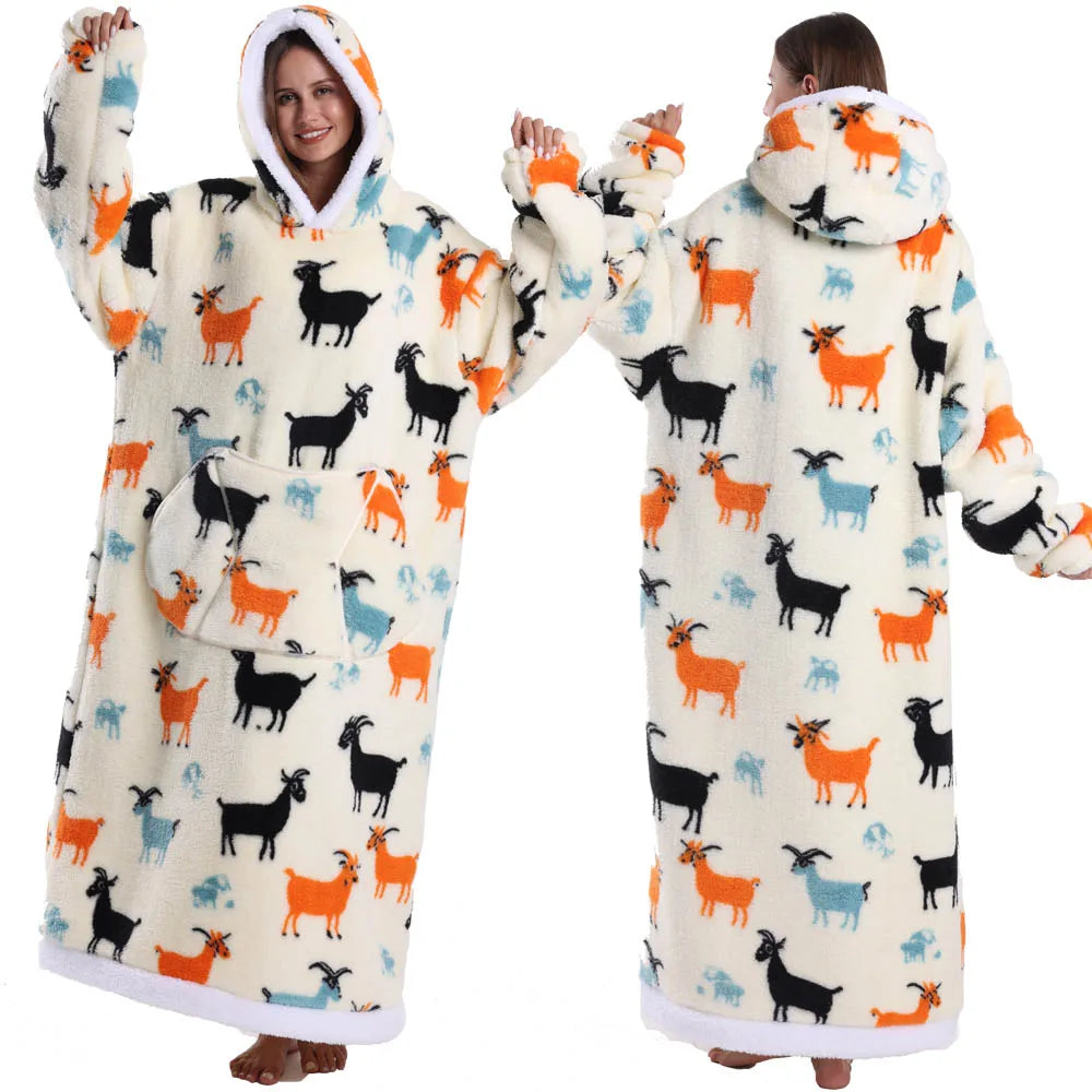 Extra Long Women Halloween Blankets with Sleeves Winter Plush Fleece Homewear Christmas Pajamas Adult Warm Oversized Hoodies