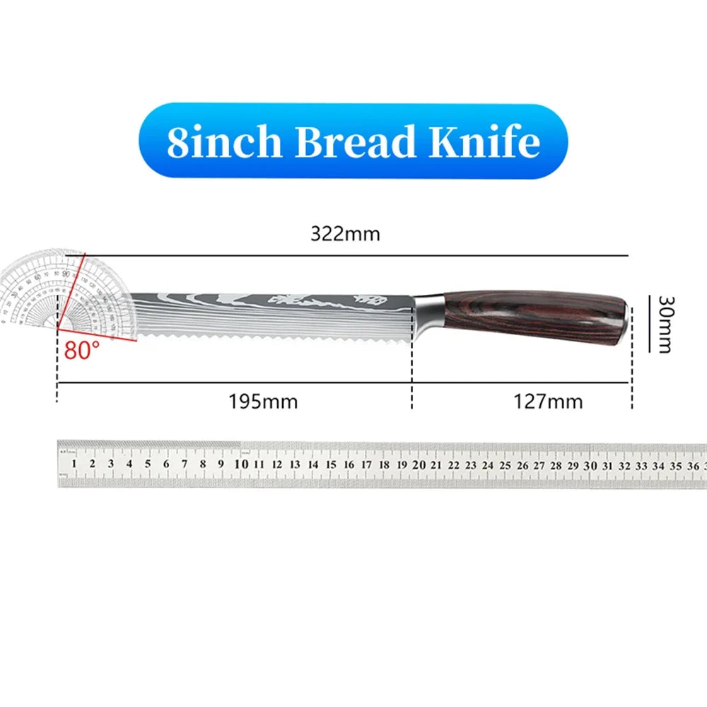 9 Types of Stainless Steel Kitchen Knife, Japanese Chef Knife, Meat Cleaver, Santoku, Bread, Boning, Slicing, Fruit Knife with Gift Box