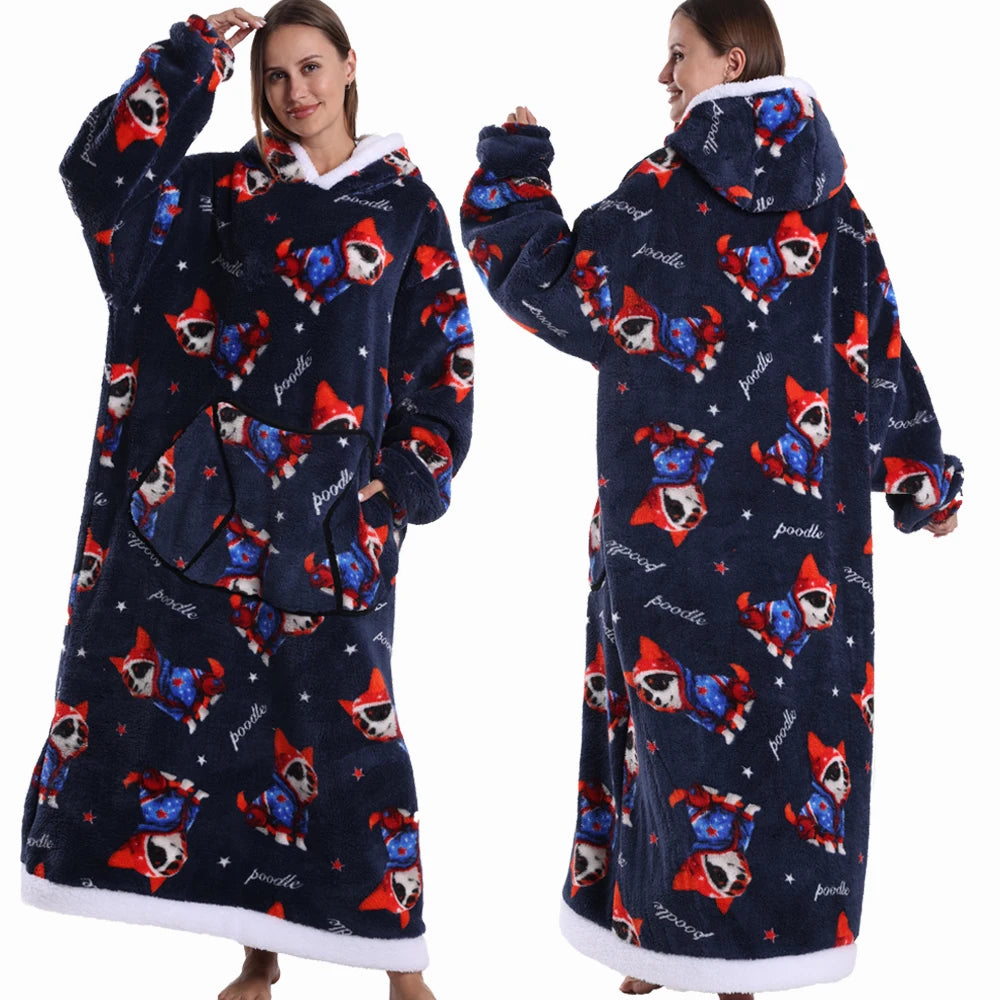 Extra Long Women Halloween Blankets with Sleeves Winter Plush Fleece Homewear Christmas Pajamas Adult Warm Oversized Hoodies