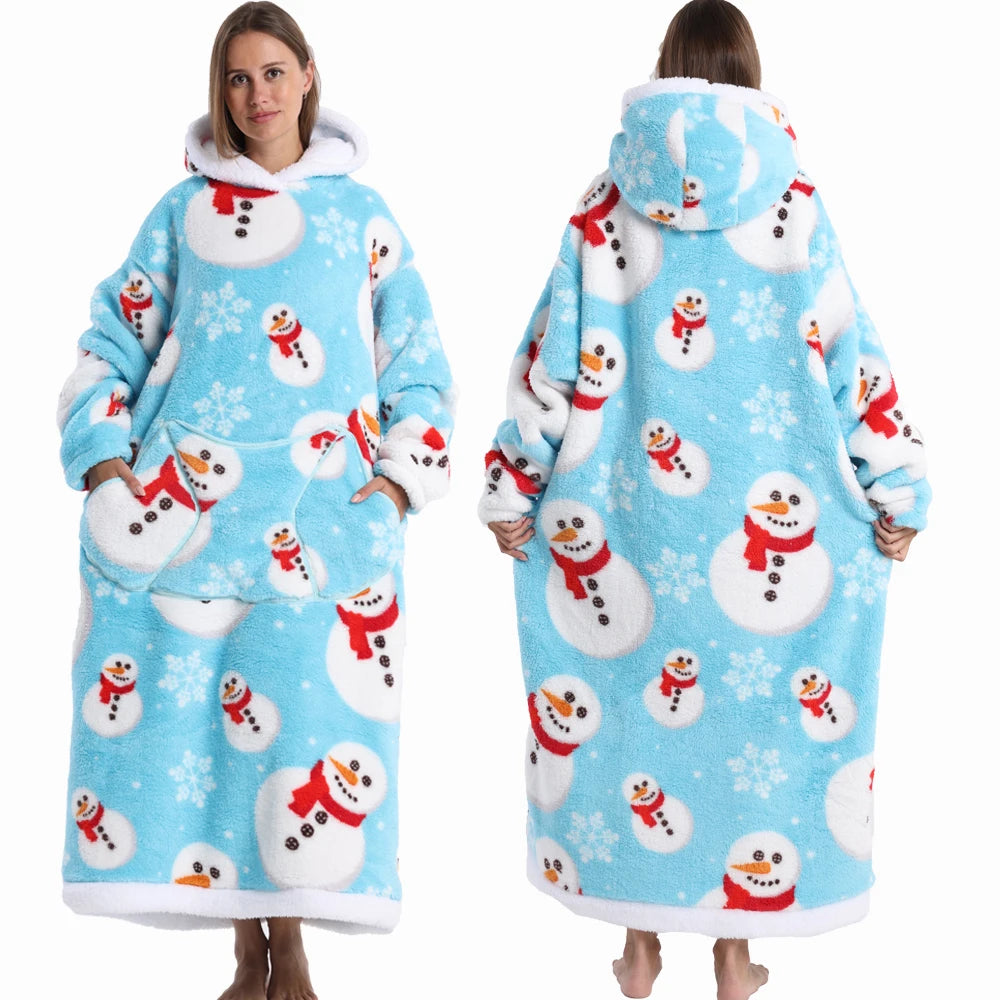 Extra Long Women Halloween Blankets with Sleeves Winter Plush Fleece Homewear Christmas Pajamas Adult Warm Oversized Hoodies
