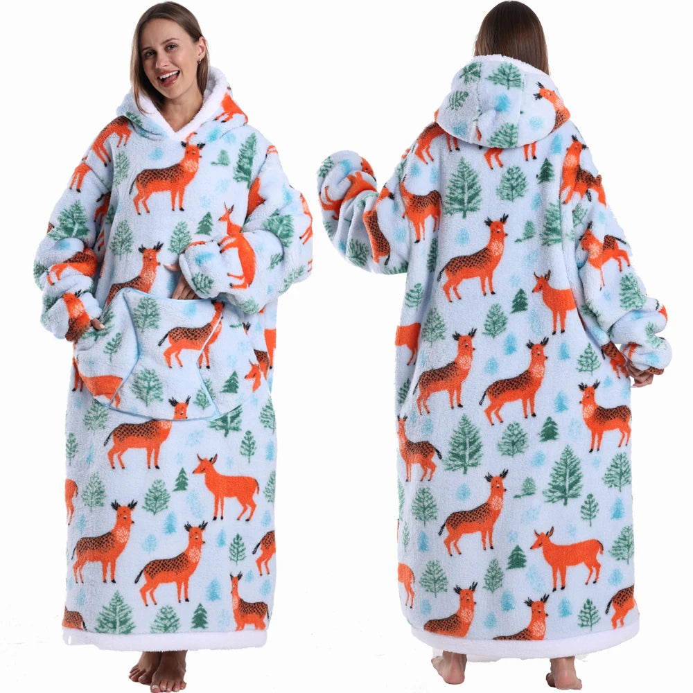 Extra Long Women Halloween Blankets with Sleeves Winter Plush Fleece Homewear Christmas Pajamas Adult Warm Oversized Hoodies