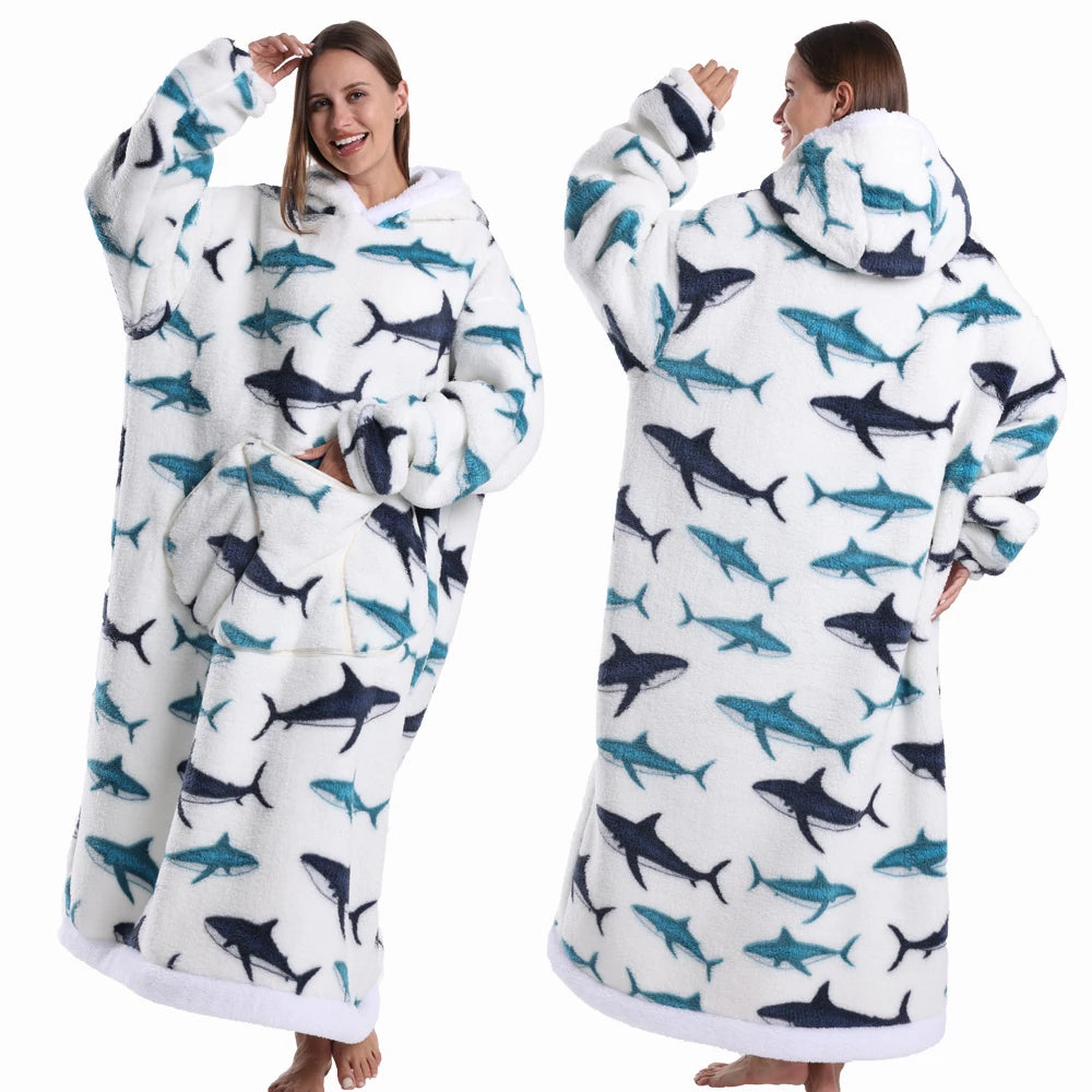 Extra Long Women Halloween Blankets with Sleeves Winter Plush Fleece Homewear Christmas Pajamas Adult Warm Oversized Hoodies