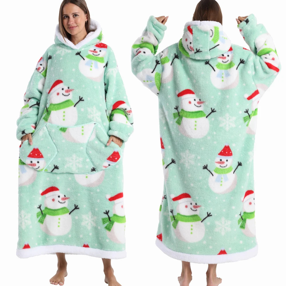 Extra Long Women Halloween Blankets with Sleeves Winter Plush Fleece Homewear Christmas Pajamas Adult Warm Oversized Hoodies