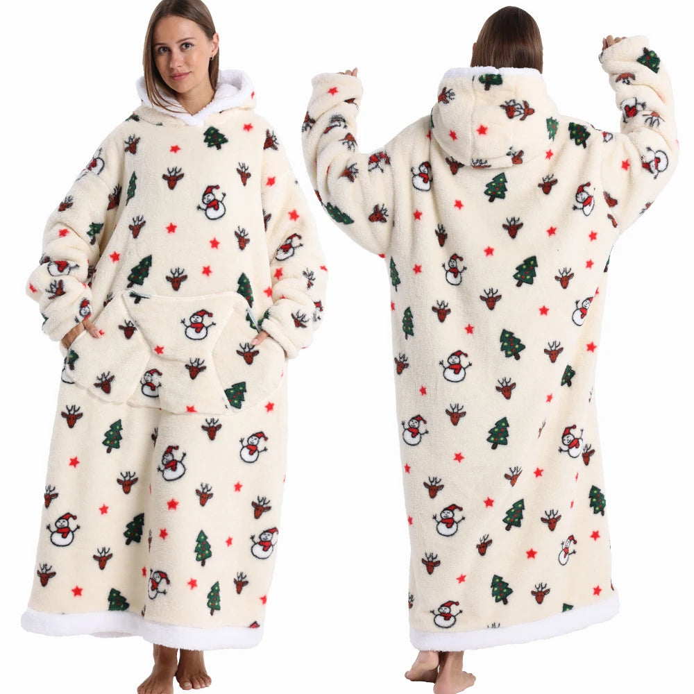 Extra Long Women Halloween Blankets with Sleeves Winter Plush Fleece Homewear Christmas Pajamas Adult Warm Oversized Hoodies