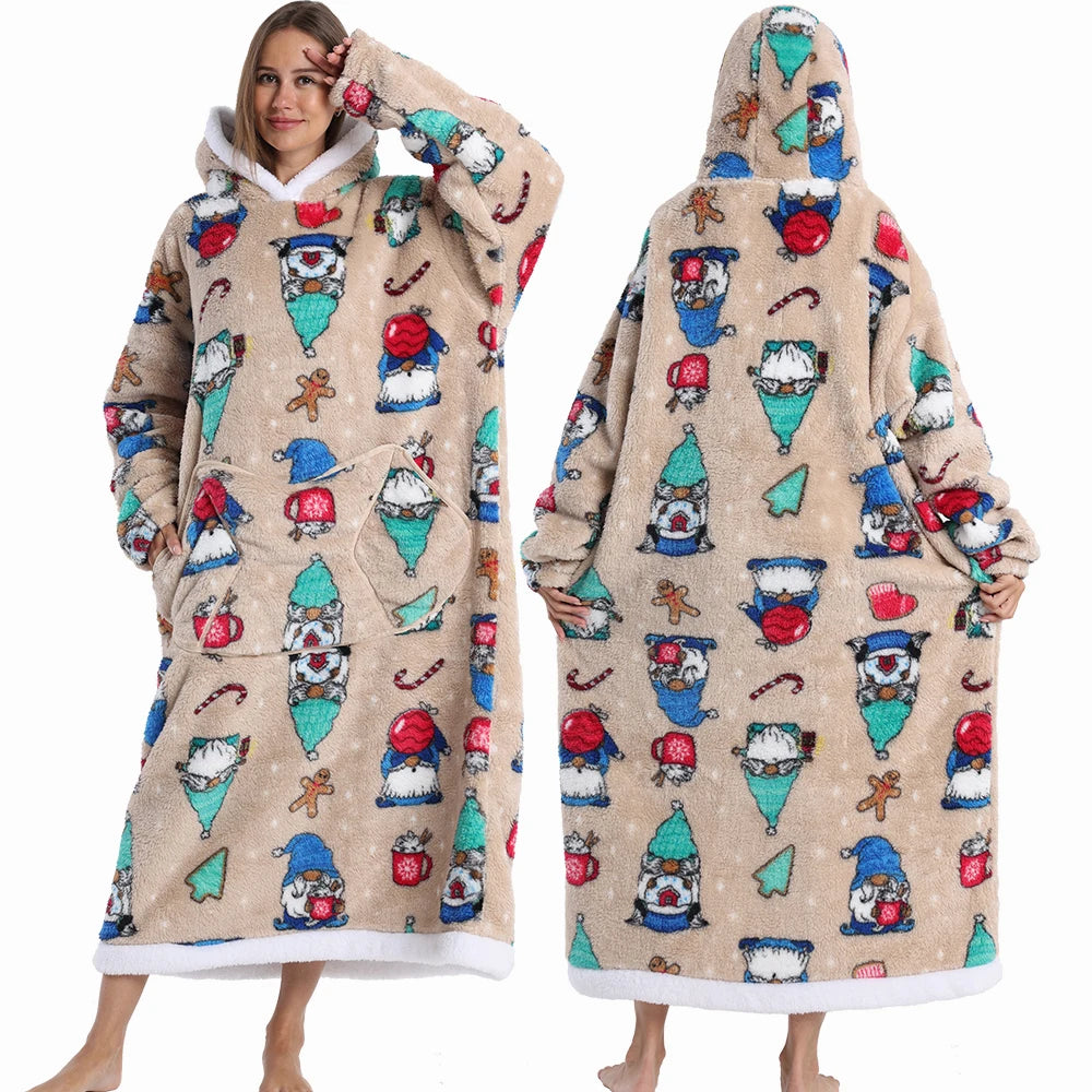 Extra Long Women Halloween Blankets with Sleeves Winter Plush Fleece Homewear Christmas Pajamas Adult Warm Oversized Hoodies
