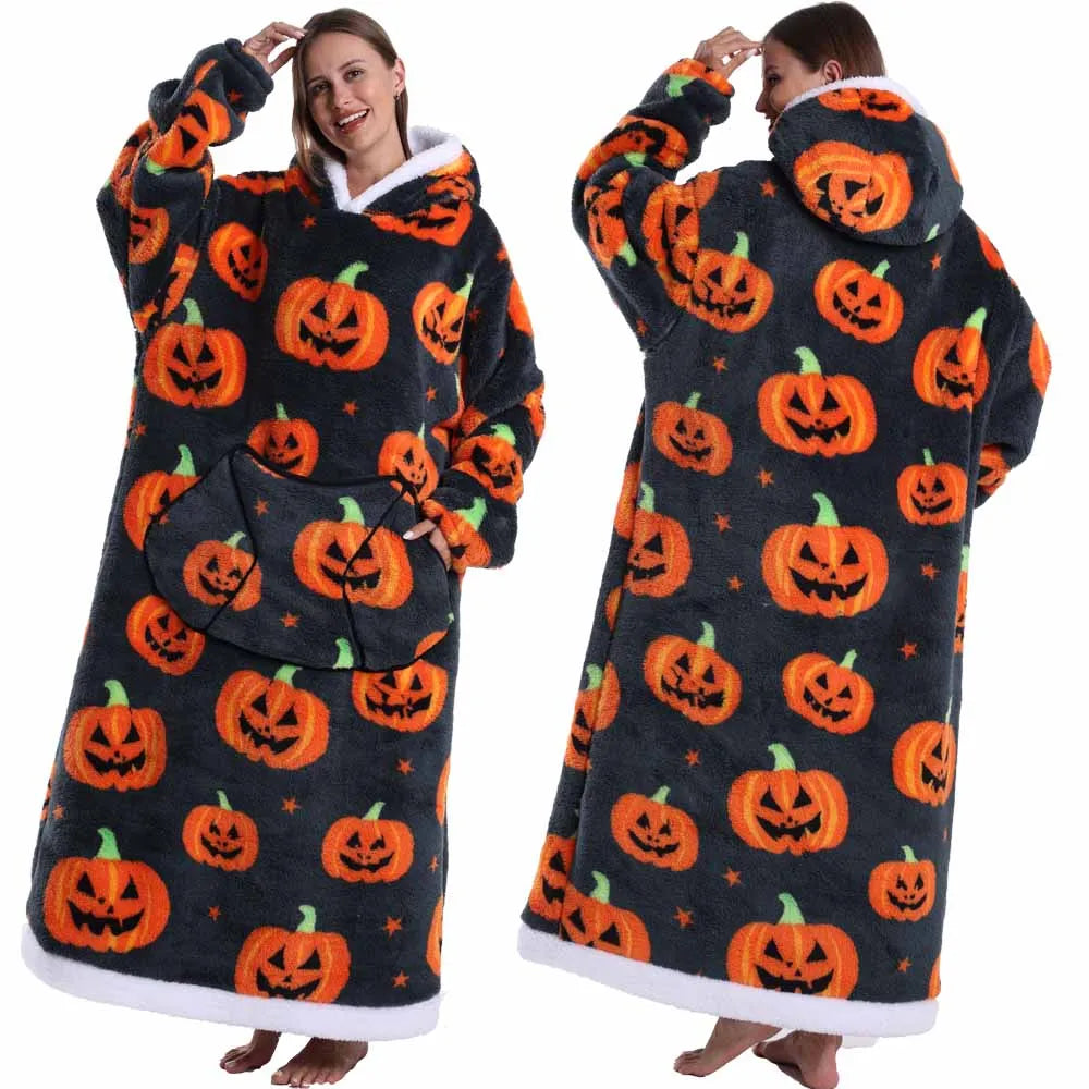 Extra Long Women Halloween Blankets with Sleeves Winter Plush Fleece Homewear Christmas Pajamas Adult Warm Oversized Hoodies