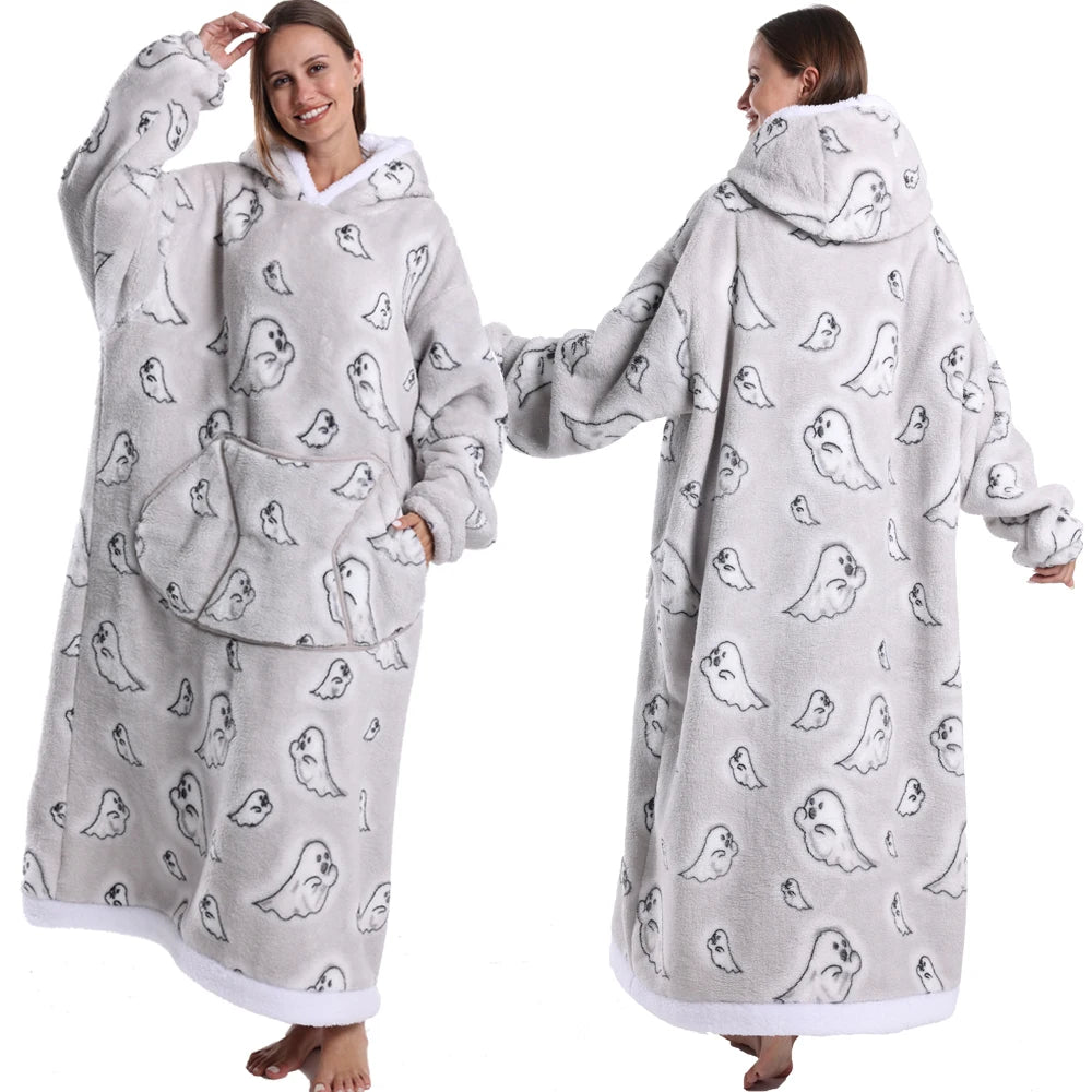 Extra Long Women Halloween Blankets with Sleeves Winter Plush Fleece Homewear Christmas Pajamas Adult Warm Oversized Hoodies