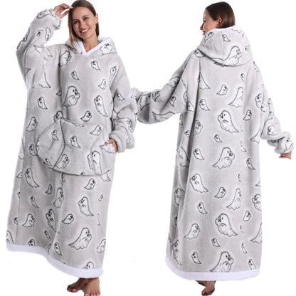 Extra Long Women Halloween Blankets with Sleeves Winter Plush Fleece Homewear Christmas Pajamas Adult Warm Oversized Hoodies