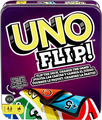 UNO FLIP! Card Game in Storage Tin,Ages 7+, 2-10 Players