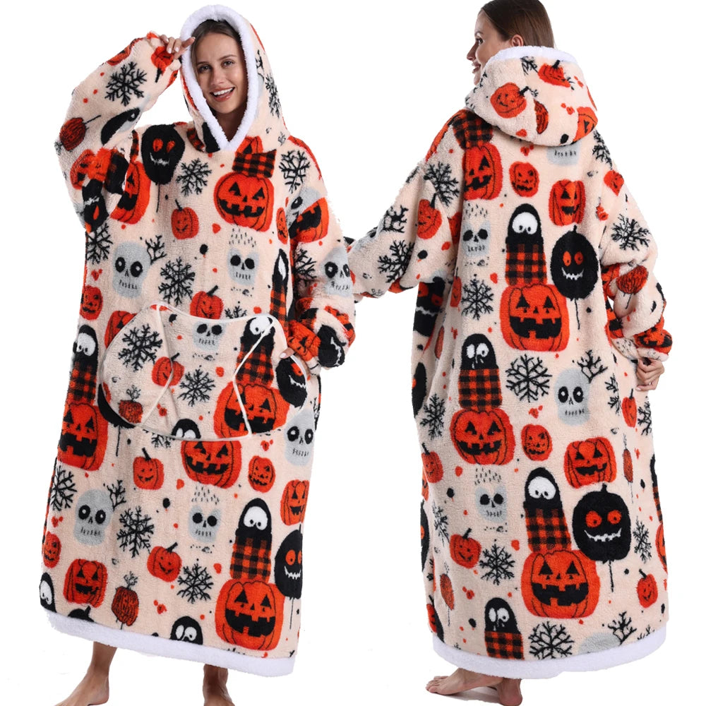 Extra Long Women Halloween Blankets with Sleeves Winter Plush Fleece Homewear Christmas Pajamas Adult Warm Oversized Hoodies