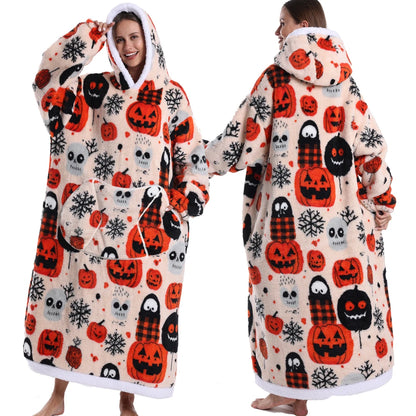 Extra Long Women Halloween Blankets with Sleeves Winter Plush Fleece Homewear Christmas Pajamas Adult Warm Oversized Hoodies
